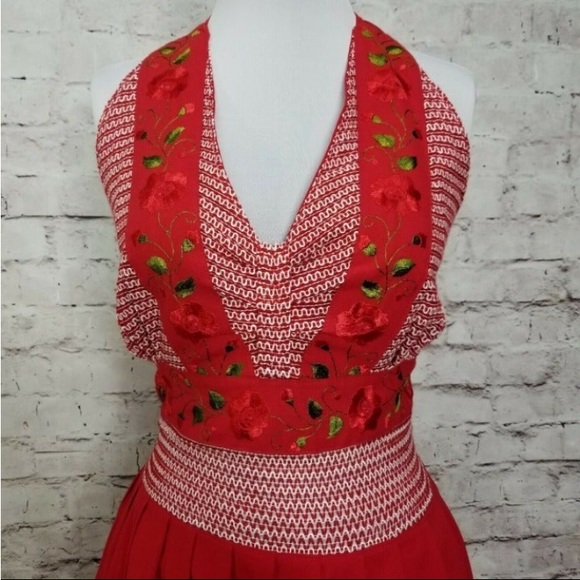 Vintage 60s Red Halter Dress Floral - Picture 2 of 6